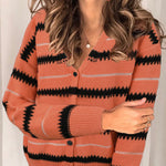 Apricot V Neck Stripes Colorblock Button Cardigan