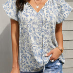 Khaki V-neck Short Sleeve Fashion Print Fantasy Fluttering Blouse