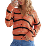 Apricot V Neck Stripes Colorblock Button Cardigan