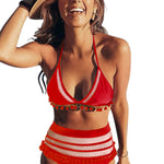 Red Pom Pom Mesh Insert High Waist Bikini