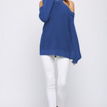 Blue Cool Breeze Cotton Cold Shoulder Sweater
