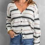 Apricot V Neck Stripes Colorblock Button Cardigan