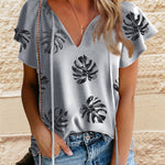 Khaki V-neck Short Sleeve Fashion Print Fantasy Fluttering Blouse