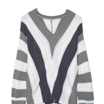 Khaki Striped Colorblock V Neck Knitted Sweater
