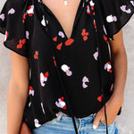 Khaki V-neck Short Sleeve Fashion Print Fantasy Fluttering Blouse