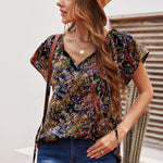 Khaki V-neck Short Sleeve Fashion Print Fantasy Fluttering Blouse