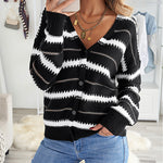 Apricot V Neck Stripes Colorblock Button Cardigan