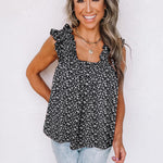 Green Floral Ruffled Straps Flowy Tank Top