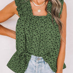 Green Floral Ruffled Straps Flowy Tank Top