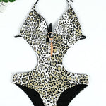 Python Print Plunge V Neck Halter Cut out Backless One-piece Swimwear