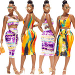 Summer Sexy Graceful  Women Tie-Dye Slip Dress Set Two-Piece Nightclub Set