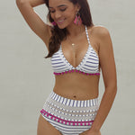 Red Pom Pom Mesh Insert High Waist Bikini