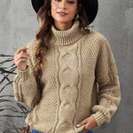 Solid Turtleneck Cable Knit Pullover Sweater