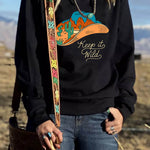 Letter Desert Hat Print Long Sleeve Black Sweatshirt