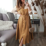 Elegant Khaki mid waist long sleeve dress autumn winter long female versatile solid color satin dress 2020
