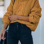 Solid Turtleneck Cable Knit Pullover Sweater