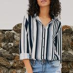 Red Blue Striped Modern Women Shirt