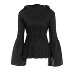 2021 Autumn Catwalk Style Pleated Slim-Fit Flared Sleeves Temperament Flab Hiding Slim Fit Slimming Half Collar Top Female