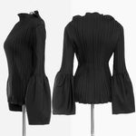 2021 Autumn Catwalk Style Pleated Slim-Fit Flared Sleeves Temperament Flab Hiding Slim Fit Slimming Half Collar Top Female
