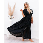 Spot Beach Cover-up Slubbed Fabric Button Draw Waist Strap Long Dress Sun Protection Shirt