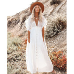 Spot Beach Cover-up Slubbed Fabric Button Draw Waist Strap Long Dress Sun Protection Shirt