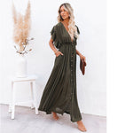 Spot Beach Cover-up Slubbed Fabric Button Draw Waist Strap Long Dress Sun Protection Shirt