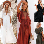 Spot Beach Cover-up Slubbed Fabric Button Draw Waist Strap Long Dress Sun Protection Shirt