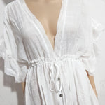 Spot Beach Cover-up Slubbed Fabric Button Draw Waist Strap Long Dress Sun Protection Shirt