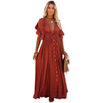 Spot Beach Cover-up Slubbed Fabric Button Draw Waist Strap Long Dress Sun Protection Shirt