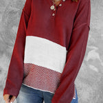 Splicing Buttoned Knitted Long Sleeve Sweater