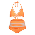 Red Pom Pom Mesh Insert High Waist Bikini