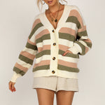 Knitted sweaters lantern sleeve women cardigan office lady stripe loose fall sweater