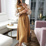 Elegant Khaki mid waist long sleeve dress autumn winter long female versatile solid color satin dress 2020