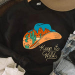 Letter Desert Hat Print Long Sleeve Black Sweatshirt