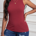 Solid Apricot Round Neck Ribbed Tank Top