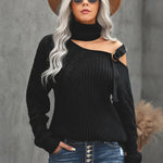 Black Strapped Cut out Shoulder Turtleneck Sweater