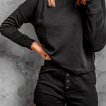 Grey Ribbed Knit Drop-Shoulder Sleeve Top and Shorts Lounge Set