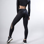 EP Sexy Mesh Leather Patchwork Black Leggings Women High Waist Fitness Push Up Hiking Legging Pants Jogging Femme