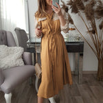 Elegant Khaki mid waist long sleeve dress autumn winter long female versatile solid color satin dress 2020