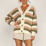 Knitted sweaters lantern sleeve women cardigan office lady stripe loose fall sweater
