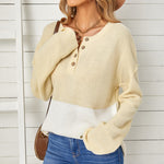Splicing Buttoned Knitted Long Sleeve Sweater