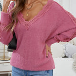 Lace Splicing V Neck Pullover Sweater