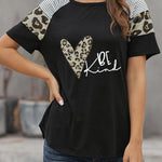 Letter Heart Print Leopard Striped Color Block Short Sleeve T-shirt