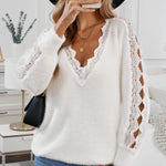 Lace Splicing V Neck Pullover Sweater