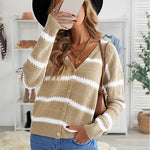 Apricot V Neck Stripes Colorblock Button Cardigan