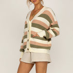 Knitted sweaters lantern sleeve women cardigan office lady stripe loose fall sweater