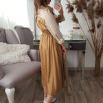 Elegant Khaki mid waist long sleeve dress autumn winter long female versatile solid color satin dress 2020
