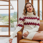Casual turtleneck women knitted dress winter Puff sleeve hit color female mini dress High street ladies sweater dress