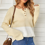 Splicing Buttoned Knitted Long Sleeve Sweater