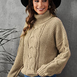 Solid Turtleneck Cable Knit Pullover Sweater